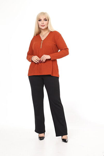 garajmood Tile V-neck Zippered Knitwear Large Size Sweater