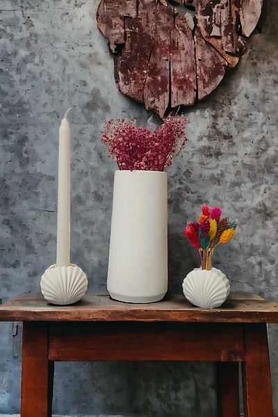 RAİSE STYLE Cylinder Long Vase 20 cm 2-Piece Clamshell Vase and Candlut Set of 3