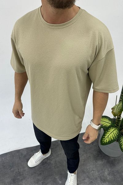 MADZEYMODA Ανδρικό μπλουζάκι Oversize Mold Crew Neck Jacquard Beige T-shirt
