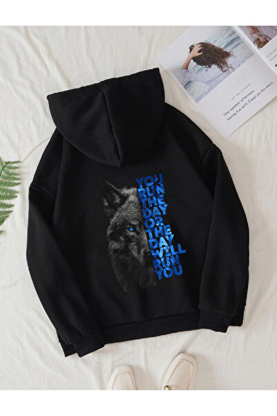 donamod Hanorac oversize unisex negru Wolf Wild Nature Back Design