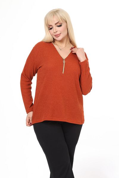 garajmood Tile V-neck Zippered Knitwear Large Size Sweater