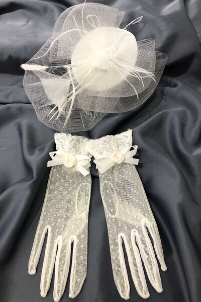 Limelia Beyaz Puantiyeli Eldiven- Sade Vualet Nikah Şapkası