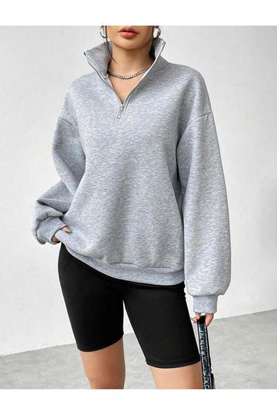 khufu Half Zippered Gray Dikyaka Unprinted Sweater