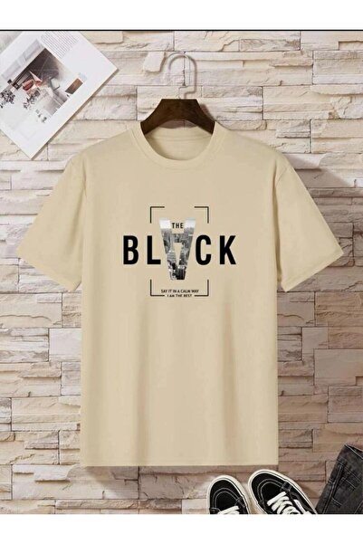 SELENA BUTİK Unisex Μπεζ μαύρο βαμβακερό μπλουζάκι Boyfriend Oversize