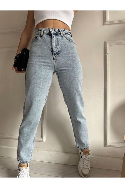 MAKRAS EXCLUSIVE Blugi de damă Roxana cu talie înaltă Blue Snow Wash Comfort Lycra Boyfrend Mom