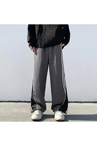 Violon Y2k Retro Gri Baggy Model Beyaz Şeritli Unisex Eşofman Altı