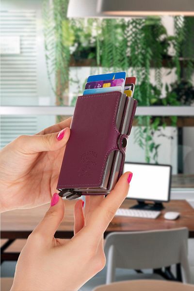 Newish Adelina Purple Original Unisex Leather Double Aluminum Mechanism Card Holder 7x10 Cm