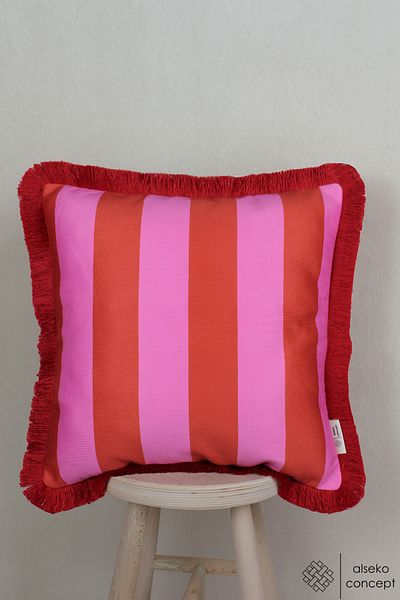 Alseko Concept Red-Pink Stripe Patterned Tasseled Decorative 43x43cm Square Throw Pillow Case
