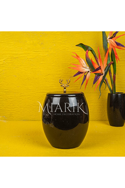 MIARIK DESIGN & DEKORASYON Dekoratif Sıyah Mermer Oval Çöp Kovası Geyık Detaylı