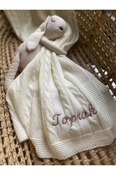 Knitwear Baby Blanket Custom Embroidery Embroidered Customizable Braided Cream Blanket