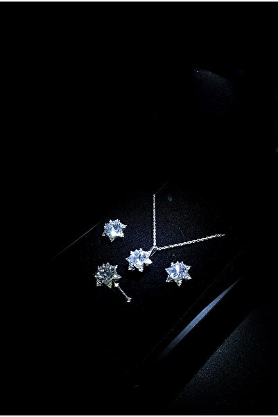 vüs jewel Gümüş Rodyumlu Lotus Çiçeği Yüzük Küpe Kolye Set