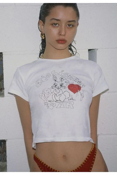 Gofeel Harajuku Heart Rabbit Detailed Half T-shirt Crop Blouse