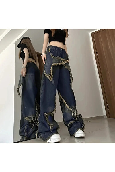 Gofeel Y2K Star Detail Patch Wide Leg Yıkamalı Mavi Jean