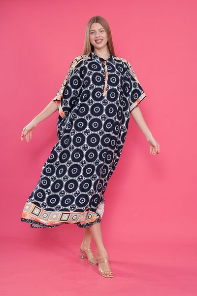 mervemoda Γυναικείο υφαντό φόρεμα με λαιμόκοψη μπροστά με νυχτερίδα με σχίσιμο μανίκι