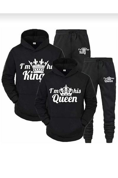 NZN COLLECTION Unisex Γυναικείες Άντρες Lover Couple Συνδυασμός King Queen Σετ φόρμας με κουκούλα με στάμπα 2 τεμαχίων