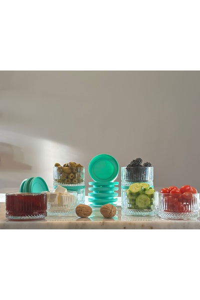 VERKFİ 8'li Yeşil Vakum Kapaklı Çok Amaçlı Cam Kahvaltılık Çerezlik Elysia Model