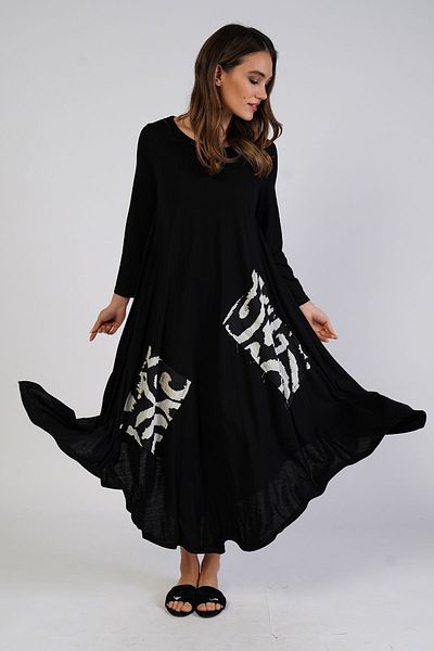 Nelly Plus Size Patchwork Patterned 4/3 Sleeve Black Long Maxi Dress