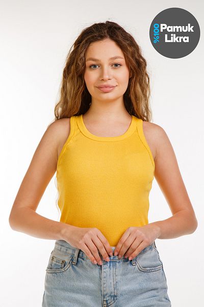 VAN LEEUWEN Women's Yellow Corded Lycra Cotton Halter Neck Sleeveless T-shirt Undershirt
