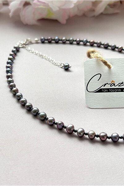 CRAZY TAKI TASARIM 5 Mm Boyunda Minik Hakiki Gri Kültür Incisi 925 Ayar Gümüşlü Kadın Kolye