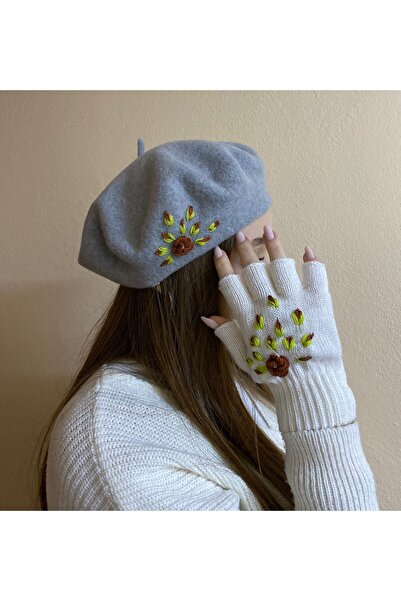sema aksesuar Handmade Gray Floral Embroidered French Painter Beret and Ecru Finger Cut Gloves Set - Gift