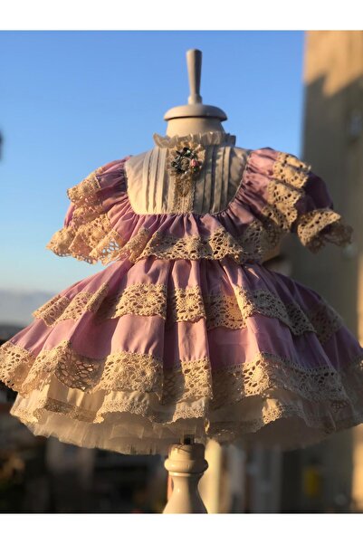 shopland Lila Antialerjik Pamuk Kumaş Üstü Beyaz Dantelli Vintage Doğum Günü Elbise