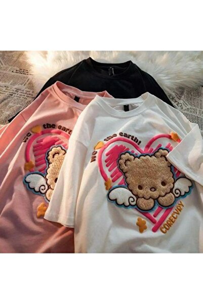 Toum Tricou oversize alb unisex - ursuleț cu imprimeu retro