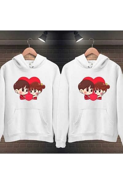 NZN COLLECTION Unisex Women Men Red Heart Love Printed Lover Couple Combination Hooded Sweatshirt Set of 2