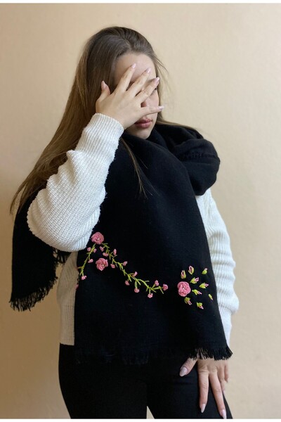 sema aksesuar Жіночий ручної роботи чорний шарф з бісерною вишивкою та бахром...