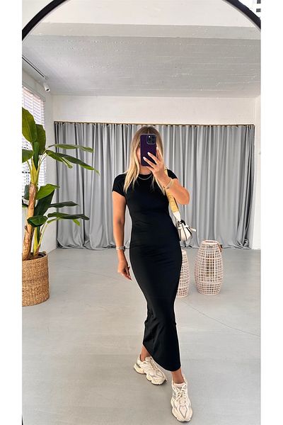 MaxiMor Rochie creion din țesătură, cu mâneci scurte, cu mâneci scurte, de culoare neagră, pentru femei, lungime 135 cm