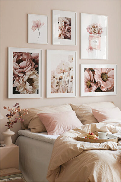 no77decor 6 Parça Coco Chanel Ve Gül Desenli Sanatsal Tablo Seti