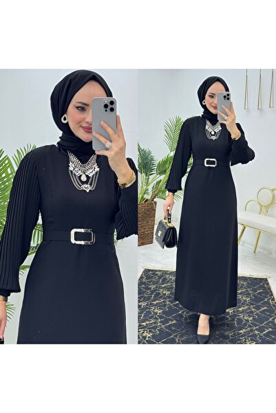 FIRSTESLEM Kadın Kolu Pliseli Dubai Krep Kumaş Hadise Elbise