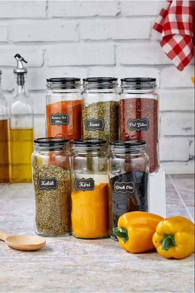 ŞAKİLATA CONCEPT 6-Piece Large Size Glass Jar Storage Container Spice Bowl Set Super Set 500 ml (WITH LABEL GIFT)