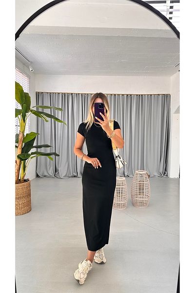 MaxiMor Rochie creion din țesătură, cu mâneci scurte, cu mâneci scurte, de culoare neagră, pentru femei, lungime 135 cm