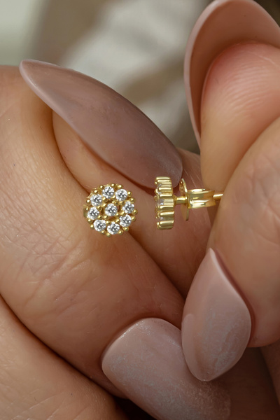 Nereze 925 Ayar Gümüş Gold Kaplama Minimal Zirkon Taşlı Yuvarlak Küpe