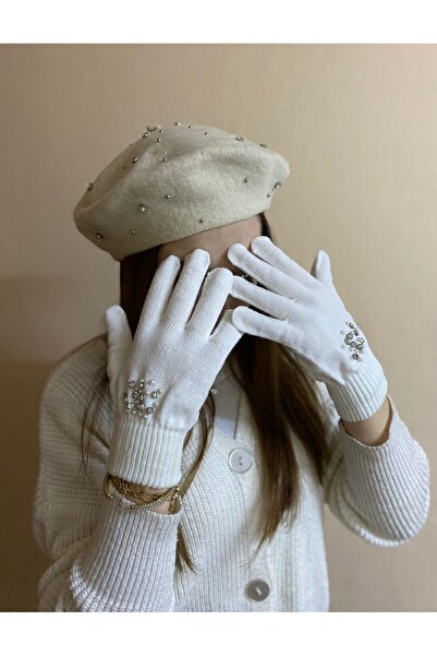 sema aksesuar Ecru Color Zircon Stoned Wool Painter Beret and Gloves Set - Design - Valentine's Day Gift