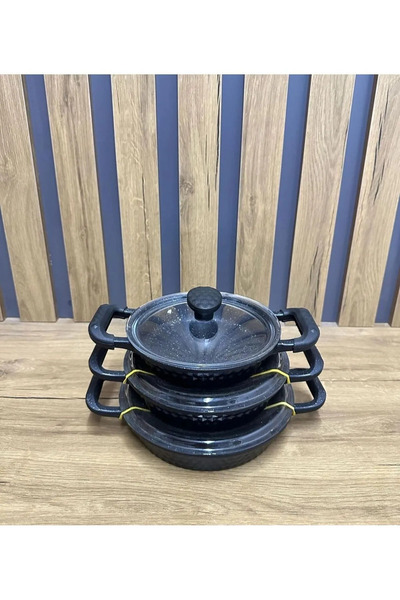 ZETMON Granit Döküm Cam Kapaklı Sahan Takımı 18-20-22cm Yumurta Yemek Sahan