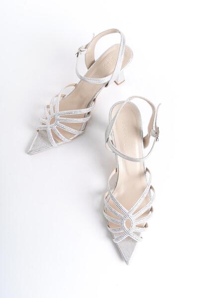 bescobel Women's Pasya Silver Thin Heel Pointed Toe Evening Dress Shoes 8 cm Heel 209