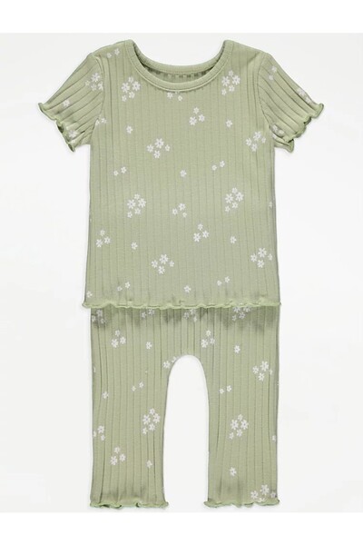 Çipil Green Floral Ribbed Top and Leggings Set