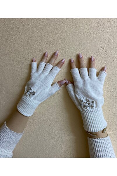 sema aksesuar Ecru Color Zircon Stones and Pearls Cut Fingers Gloves - Fingerless - Valentine's Day Gift