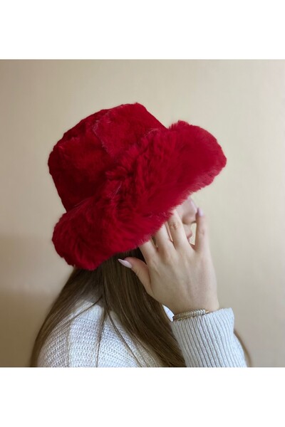 sema aksesuar Red Imported Furry Round Hat Heart Plush Bucket Hat - Winter - Valentine's Day Gift