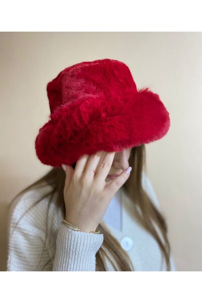 sema aksesuar Red Imported Furry Round Hat Heart Plush Bucket Hat - Winter - Valentine's Day Gift