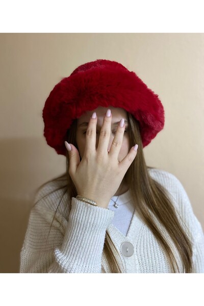 sema aksesuar Red Imported Furry Round Hat Heart Plush Bucket Hat - Winter - Valentine's Day Gift
