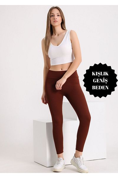 BANEGA Curve Plus Size Ribbed Raster Leggings de iarnă maro cu talie înaltă pentru femei