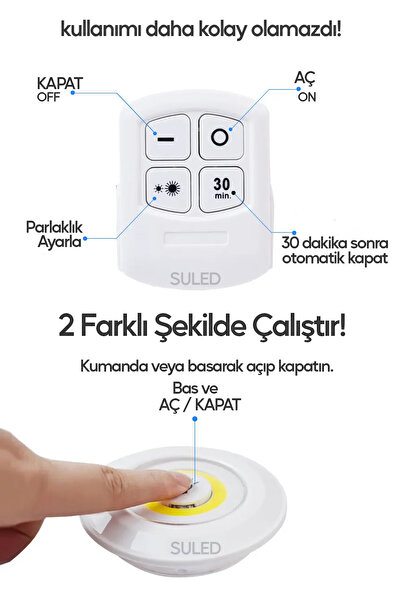 SULED Pilli Uzaktan Kumandalı Montajsız Yapışkanlı 3'lü Spot Led Işık Lamba Raf Niş Dolap Mutfak Işığı