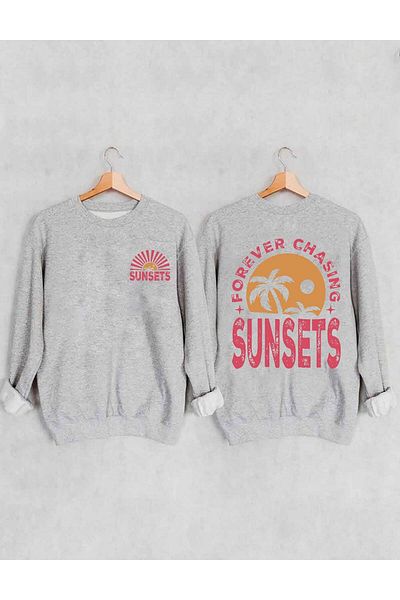 Khione Unisex Sunsets Printed Crew Neck Oversize Φούτερ με κουκούλα