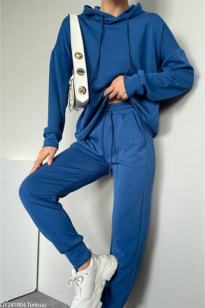 Liora Women's Turquoise Modal Brand Model Fabric Hooded Sweat Tracksuit Set