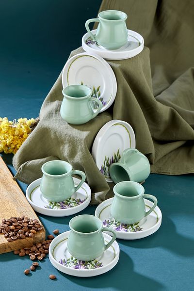 Erbaşlar Hanım Eli Retro Green 12 Piece Luxury Ceramic Coffee Cup Set, Turkish Coffee Cup