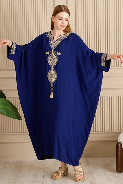 Eceyaman moda Women's Dark Blue Oversize Dress with Embroidery Detail on Chest and Sleeves