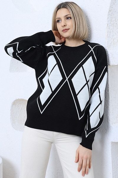 VEGENZE Pulover oversize de damă, negru, ecru, cu model diamantat