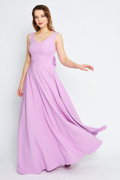Bidoluelbise Women's Back Bow Ornamental Buttoned V-Neck Maxi Flared Lilac Evening Dress